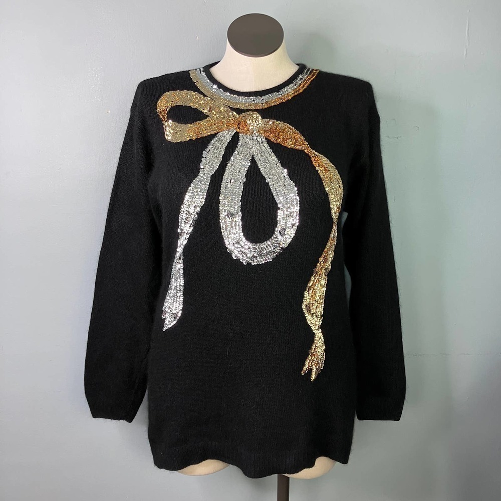 Vtg Work In Progress Sequin Bow Silk Angora Blend Black Holiday Sweater Sz 14/16
